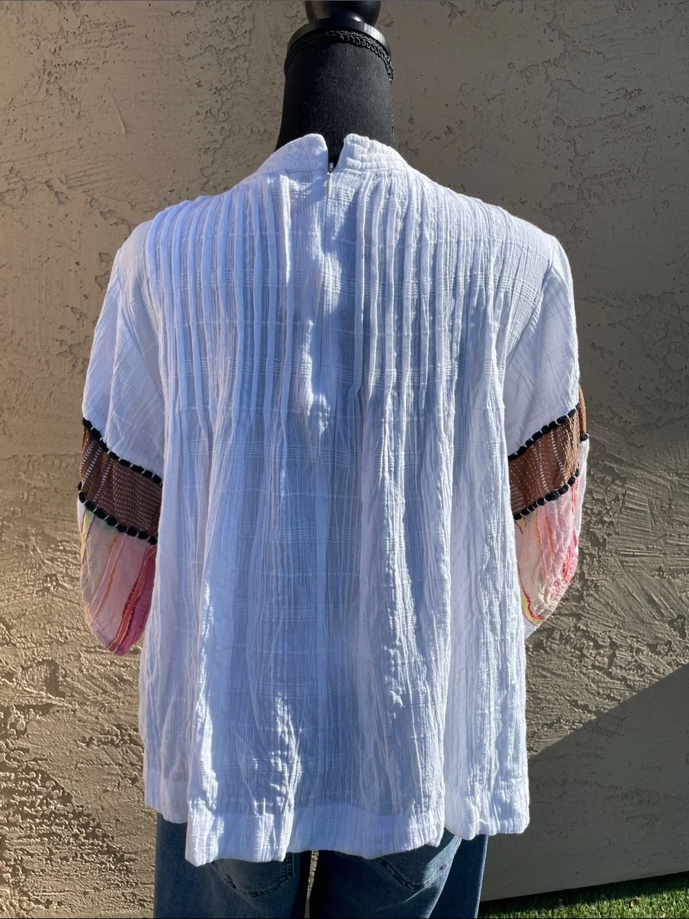 THML White Crinkle Crewneck Top with Accent Sleeves - Picture 3 of 7